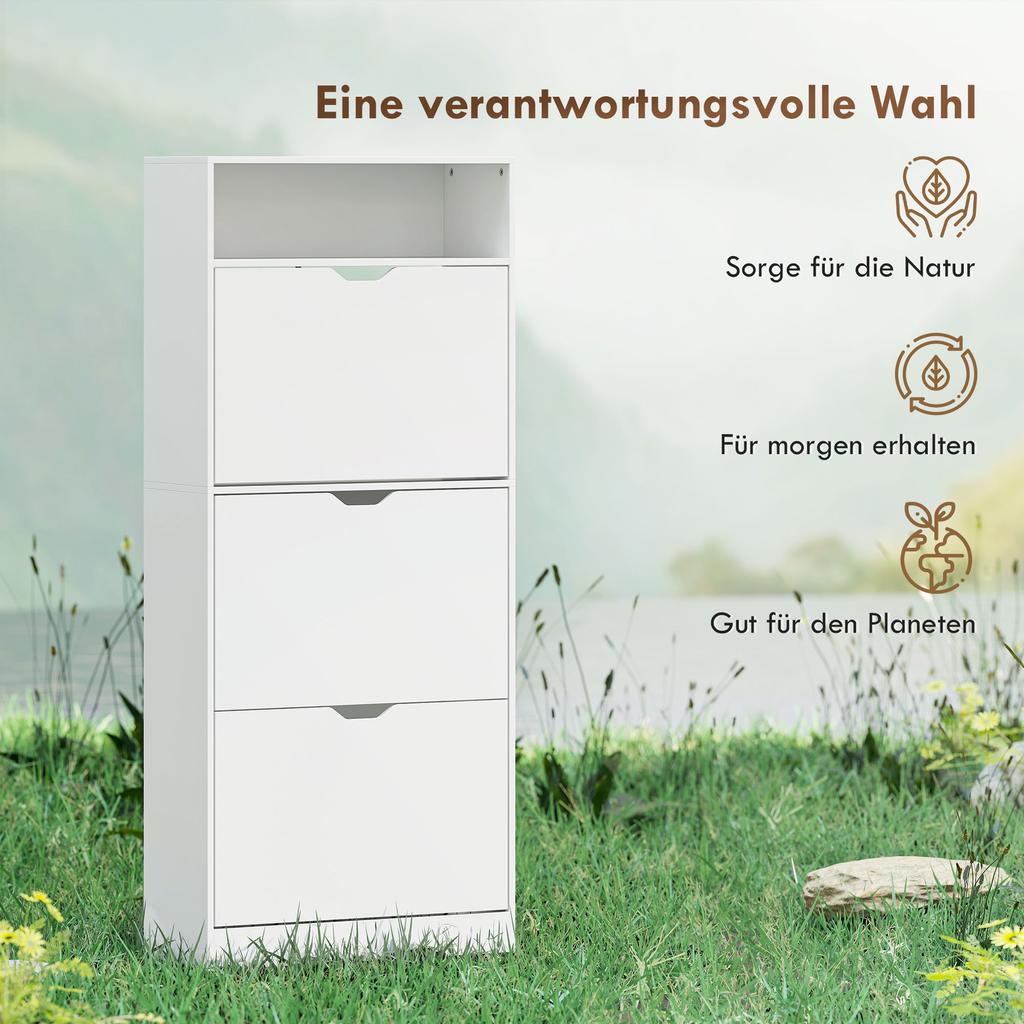 Narrow Shoe Cabinet, 3 Drop-Down Compartments, Adjustable Shelves, 12-18 Pairs, White
