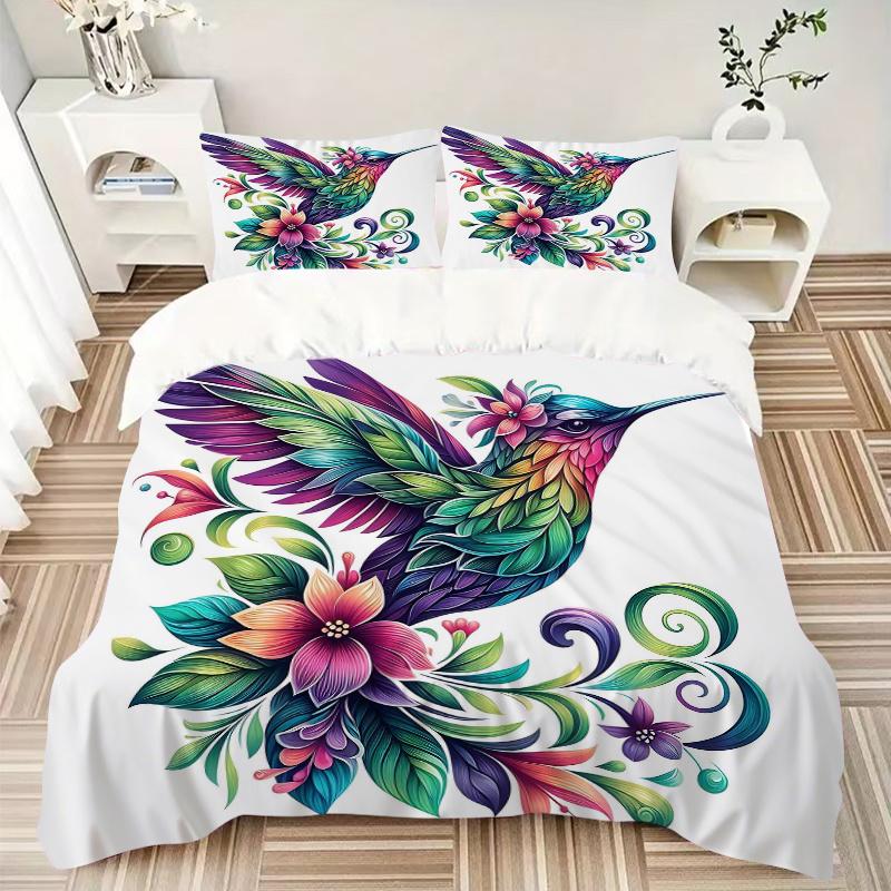 3pcs Colorful Hummingbird with Floral Wings Pattern Bedding Set, 1* Cover + 2*Pillowcases, Printed Bedding Set, Soft and Comfortable, Suitab
