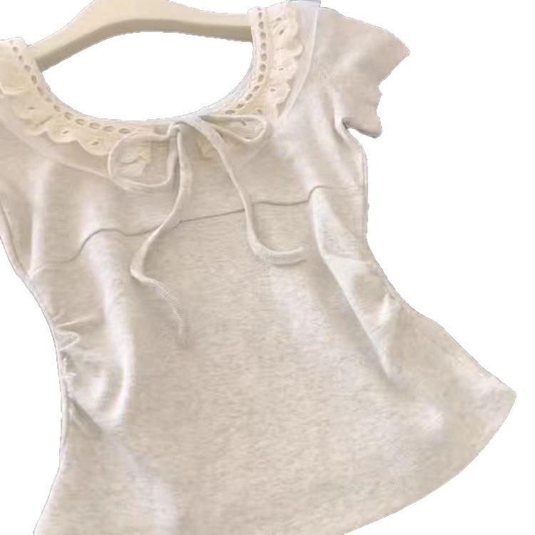 Japanese Patchwork Tie-Up Short Sleeve Tee - Women's Petite Slimming Cropped Top