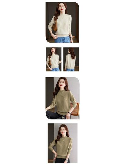 Dámský módní volný pletený svetr s vysokým límcem - Trendy top na podzim/zimu