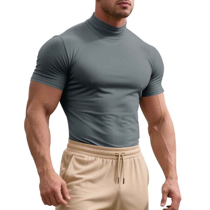 Summer Solid Color Men's Short Sleeved T-shirt Fashionable Casual Tight Fit High Neck Thin Base Shirt