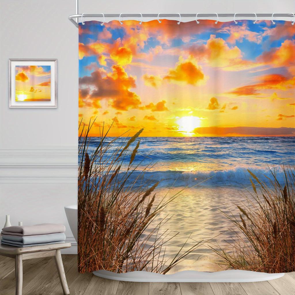 1 Stück Hawaiianischer Strand Sonnenaufgang & Sonnenuntergang Küstenszene Polyester Duschvorhang - Lebendiger Meerblick mit Palmen