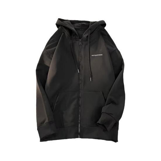 

Мужская толстовка с капюшоном на молнии с завязками на осень и зиму, свободная верхняя одежда с L чёрный