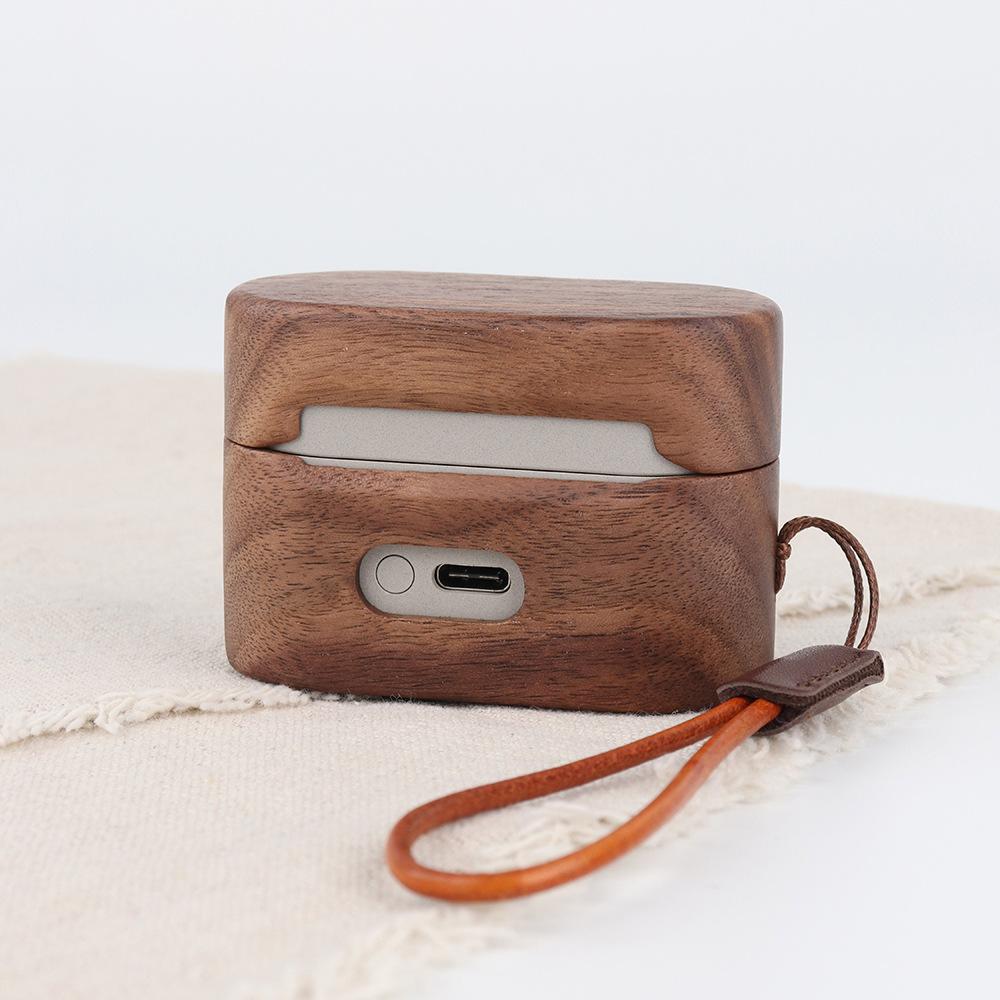 Für SONY WF-1000XM6 Solide Holz-Walnuss-Kopfhörerhülle für SONY WF-1000XM6 Magnetischer Verschluss Rundum-Hartschalenabdeckung + Kurzes Seil
