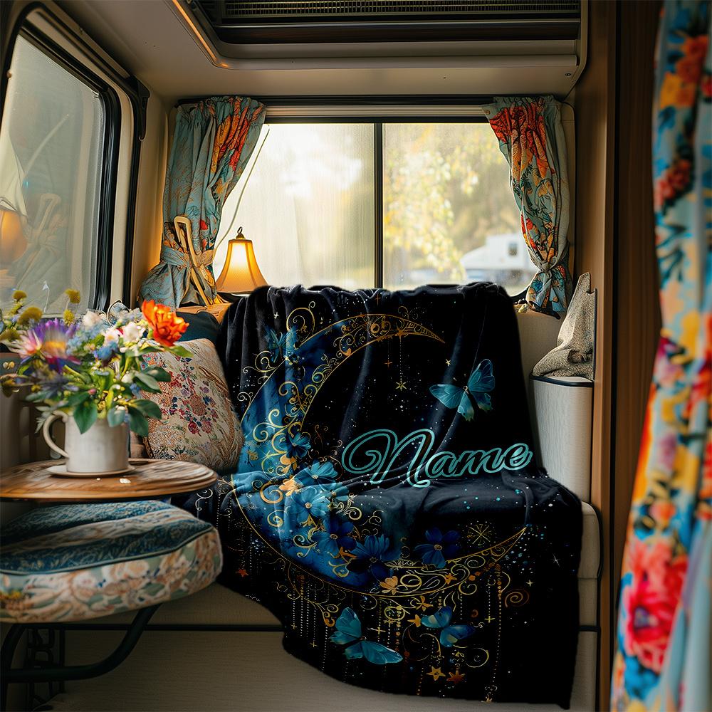 Elegant Crescent Moon With Butterflies And Stars Blanketcustomizable With Your Namecomfortable And Stylish Perfect For Travel Beds Chairs Offices
