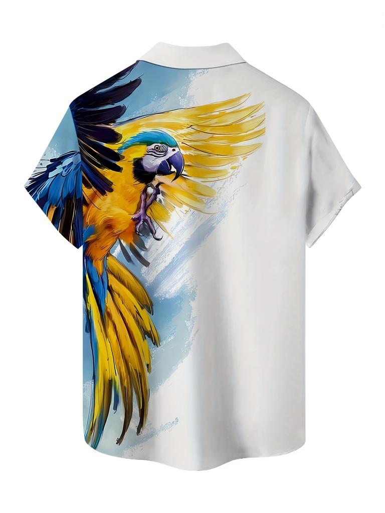 Men's Tropical Print Button Shirt- Lightweight 100% Polyester, Loose Fit, Short Sleeve, Vibrant Toucan Design, Suitable for Summer Casual Wear