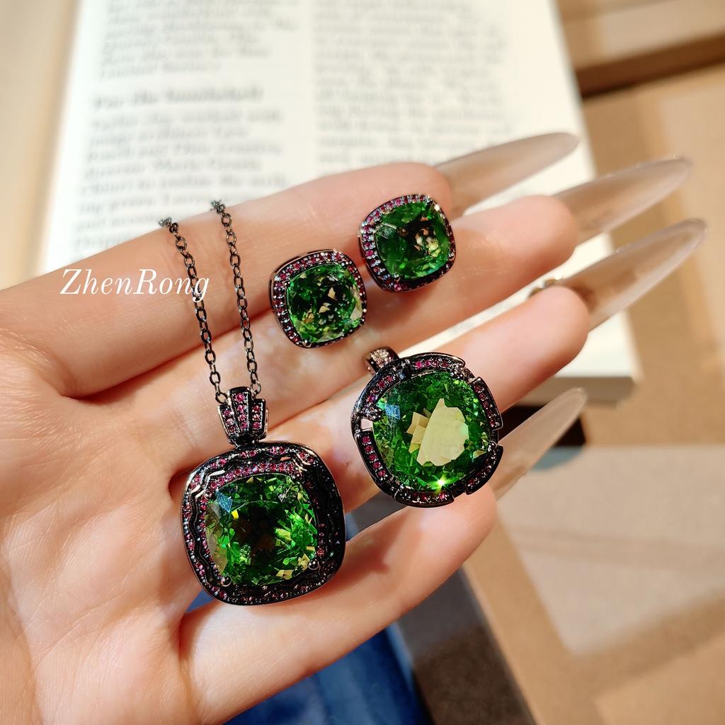Dark Red Corundum Set, Personalized Black Gold Ring, Femininity Pendant, Necklace, Colorful Treasure Stud Earrings.
