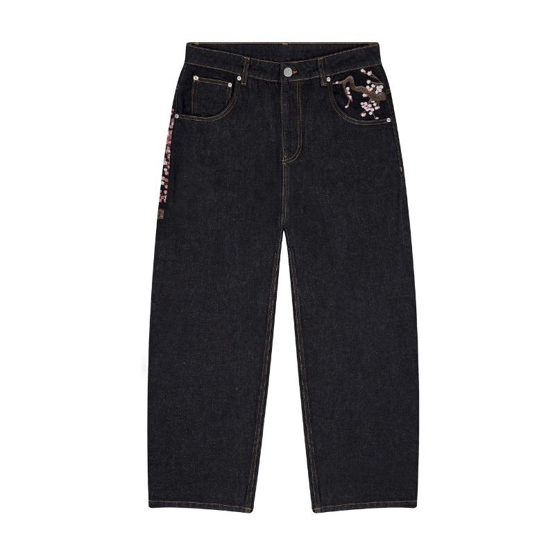 Y2K Harajuku Jeans Goth Vintage Pflaumenblüten Stickerei Muster Weites Bein Hosen Männer Frauen Denim Stoff Amerikanischer Stil Street Wear