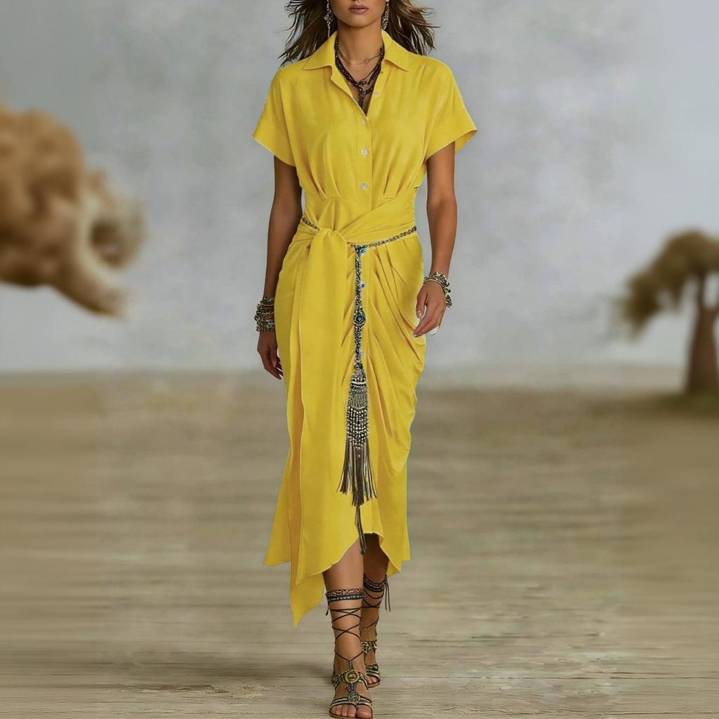 Women's -color Short-sleeved Pleated Bohemian Shirt Dress