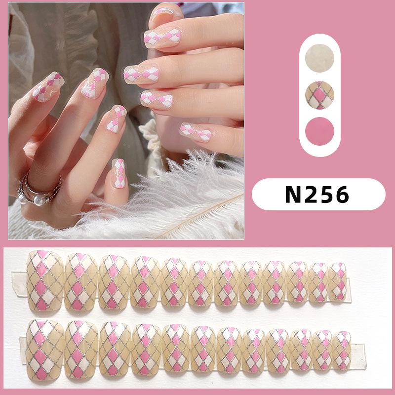 

Sweet Girl Pink & White Plaid Removable Fake Nails - Wearable Manicure Tips with Gold Line Accents
