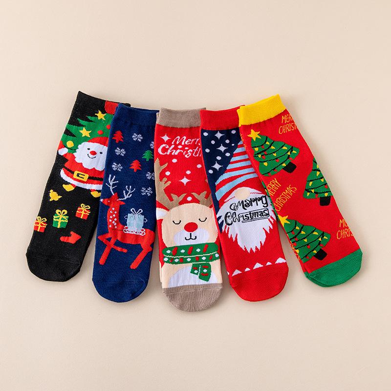 5 Pairs of Winter Warm Knit Socks Autumn and Winter Christmas Stockings, Santa Claus Gifts Snowflakes, Elk, Cute Cartoon Christmas Mid-tube Stockings