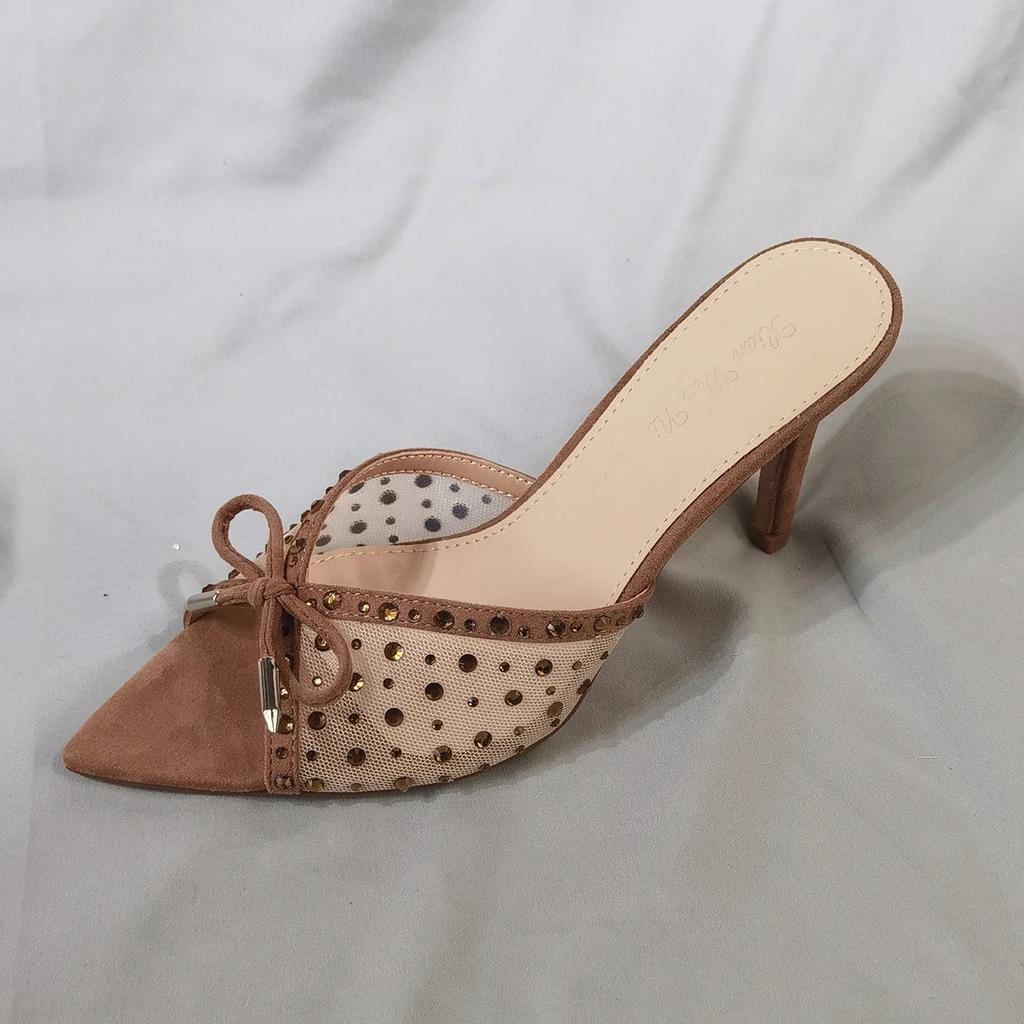Pointed Toe High Heels, Women's Slim Heels, Hot Pressed Diamond Bow Sandals