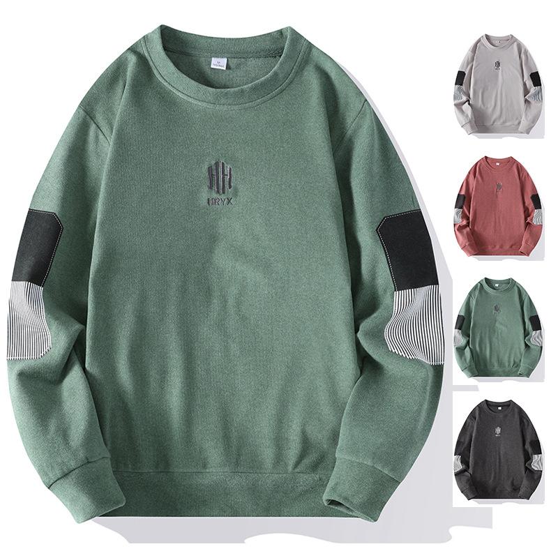 Double Striped German Velvet Men's Round Neck Warm Hoodie with Thick Velvet Base Men's T-shirt