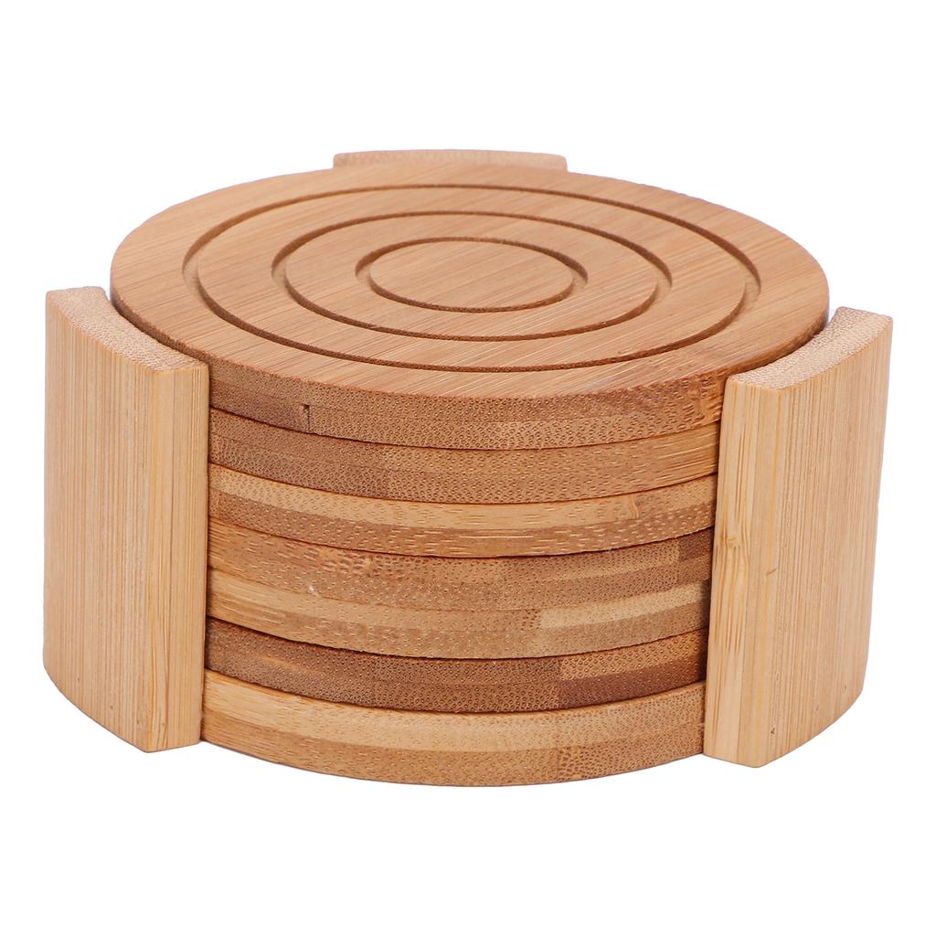 6PCS Bamboo Coaster with Holder Round Cup Mats Pad for Cold Drinks and Hot Beverage Home Supply