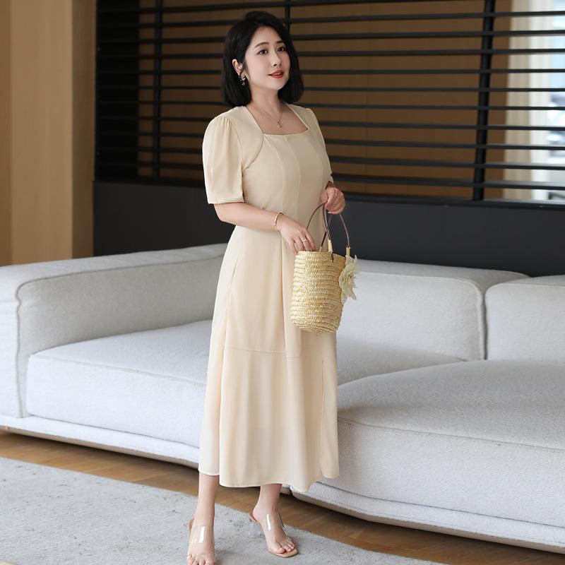 Plus Size Women's Summer Square Neck Simple Split Slim Medium Long Dress