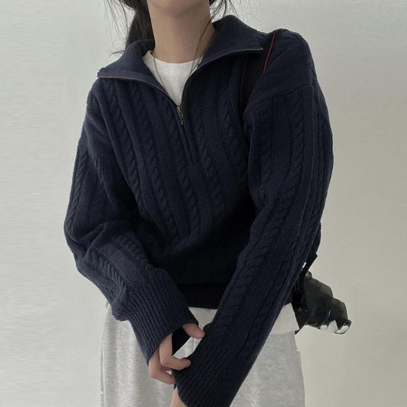 Deeptown корейская мода полумолния свитера женские винтажные витой трикотажные укороченные пуловеры повседневные Sueter Mujer с длинным рукавом One Size темно-синий 3154₽