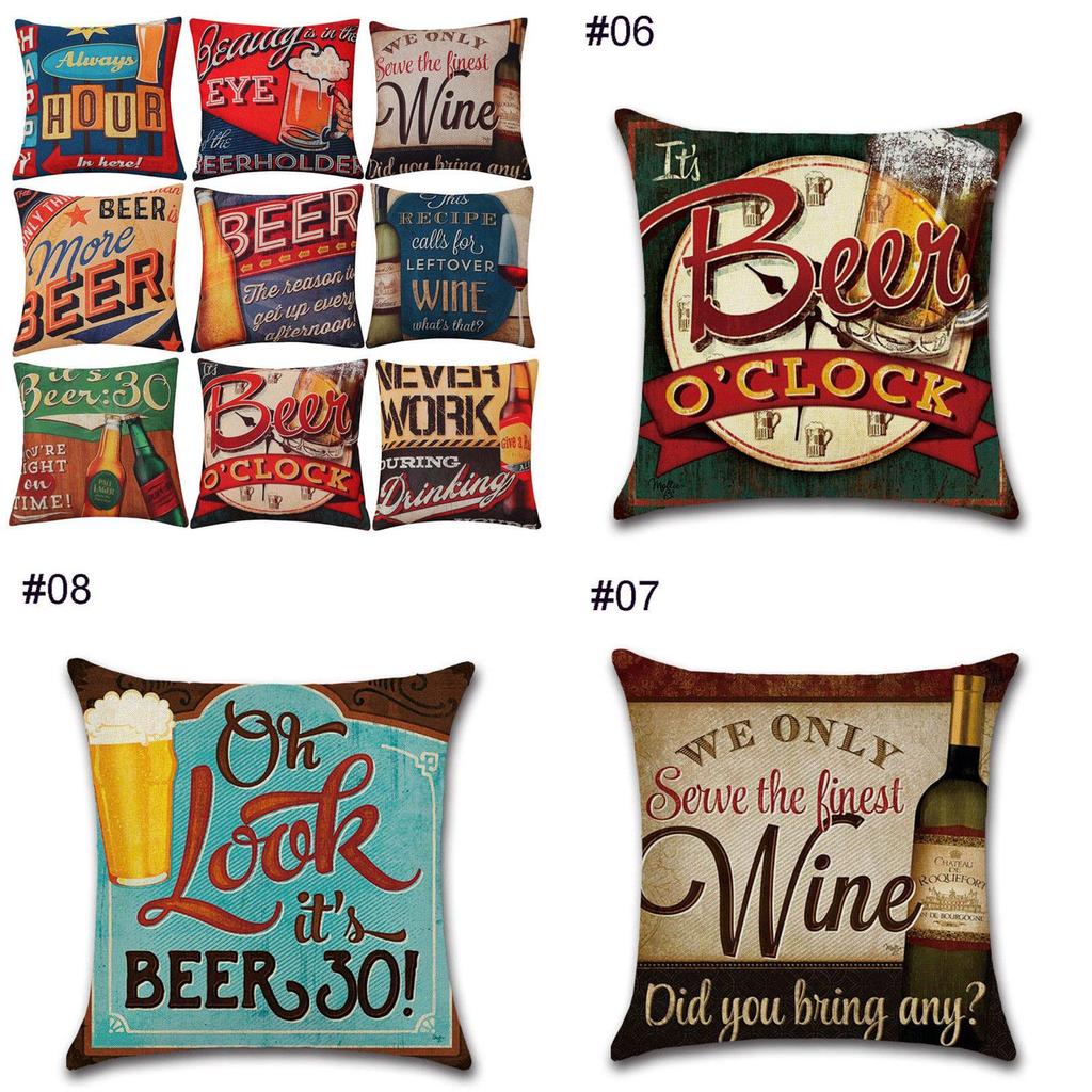 Linen 18" Cotton Pillow Case Vintage Beer Wine Bottle Sofa Throw Cover Cushion