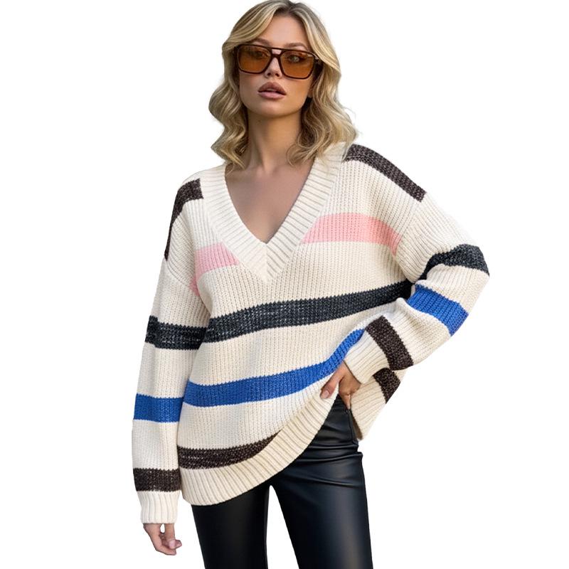 2025 Autumn/Winter Women's Loose Striped V-Neck Knit Sweater