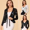 Bolero de Renda para Mulheres Cardigan Frente Amarrada Bainha com Babados Jaqueta Cobertura Manga Longa Formal Escritório Transparente Cropped Shrug