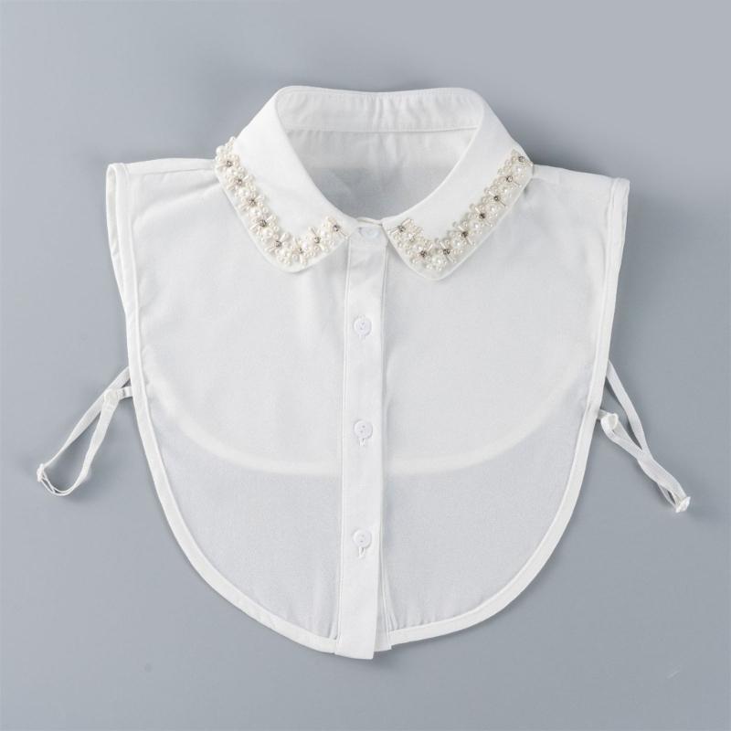 Comfortable Polyester Detachable Collar for Women Faux Pearls and Bead Removable Button Lightweight False Collar Shirt