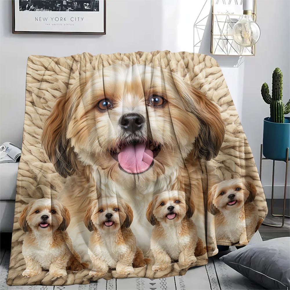 1Pc Lhasa Marejus Dog Print Flannel Blanket, High quality Comfortable for All Seasons, Home Decor, Warmth and Comfort, Perfect for Gifts