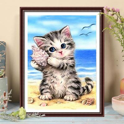 Pictură cu diamant DIY 5D, pisicuță, colectare de scoici, kit cu punct de cruce, mozaic, broderie cu diamant, trandafir, rotund complet, burghiu pătrat, decorarea casei