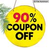 2D Flat, 1pc Round Aluminum Hanging Sign. "90% Coupon Off" Bold Yellow & Black Design. Retro Distressed Clearance Plaque. Ideal for Retail Shop
