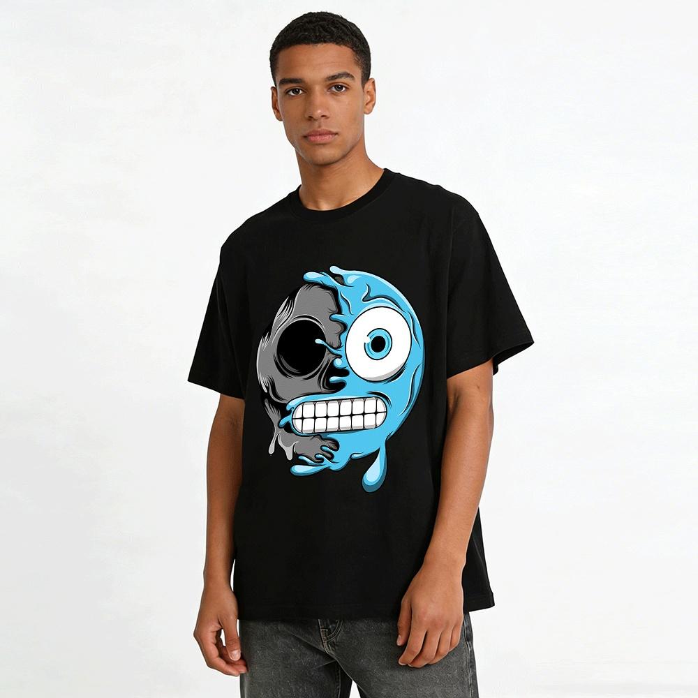 Schmelzender Halb-Totenkopf Emoji Print Cool Trendiges Lässiges Kurzarm-T-Shirt Reines Baumwoll-T-Shirt