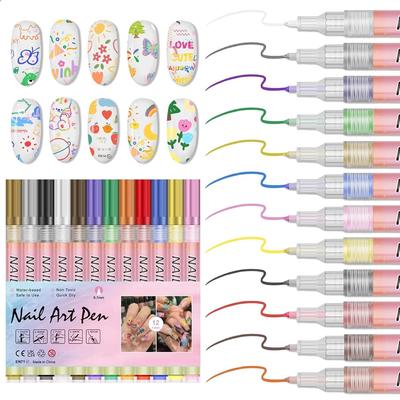 Sada 12 barevných per na nail art, fixy na nail art, lakové pero pro 3D nail art, kreslení, malování, štětec na linky pro DIY nail art, zdobení, manikúrní nástroje