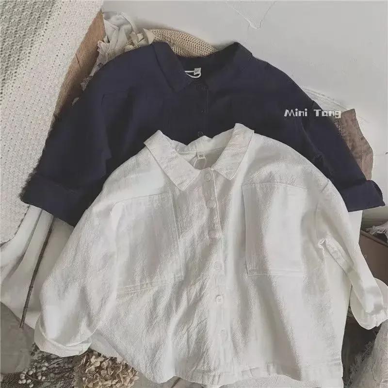 Kids' Retro Japanese-Style Bat Sleeve Lapel Shirt - Cotton & Linen, Spring/Autumn, Baby Boy Outerwear