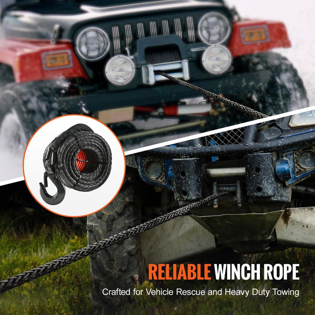 Synthetic Winch Rope, 1/4 Inch X 50 Feet 10,000 Lbs Synthetic Winch Line Cable Rope with Protective Sleeve + Stopper + Forged Winch Hook + Pull Strap,