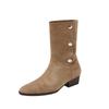Cowhide Maillard Pointed Leather Pile Boots Women's Western Cowboy Boots Button Tall Boots Thick Heel Boots