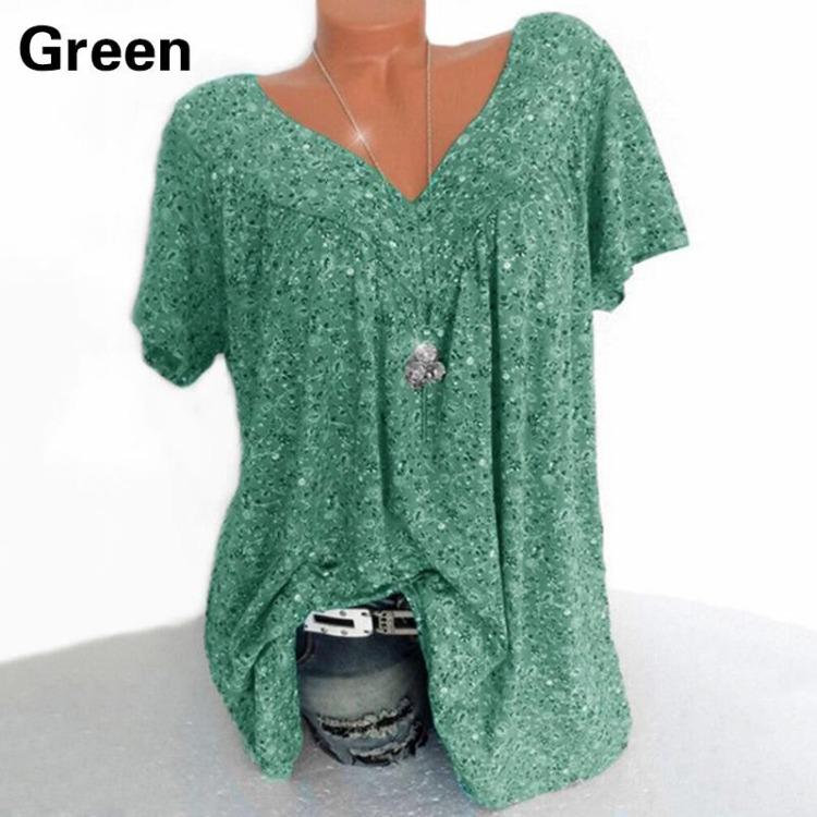 Summer Casual Loose V-neck Printed Short-sleeved T-shirt for Women Plus Size