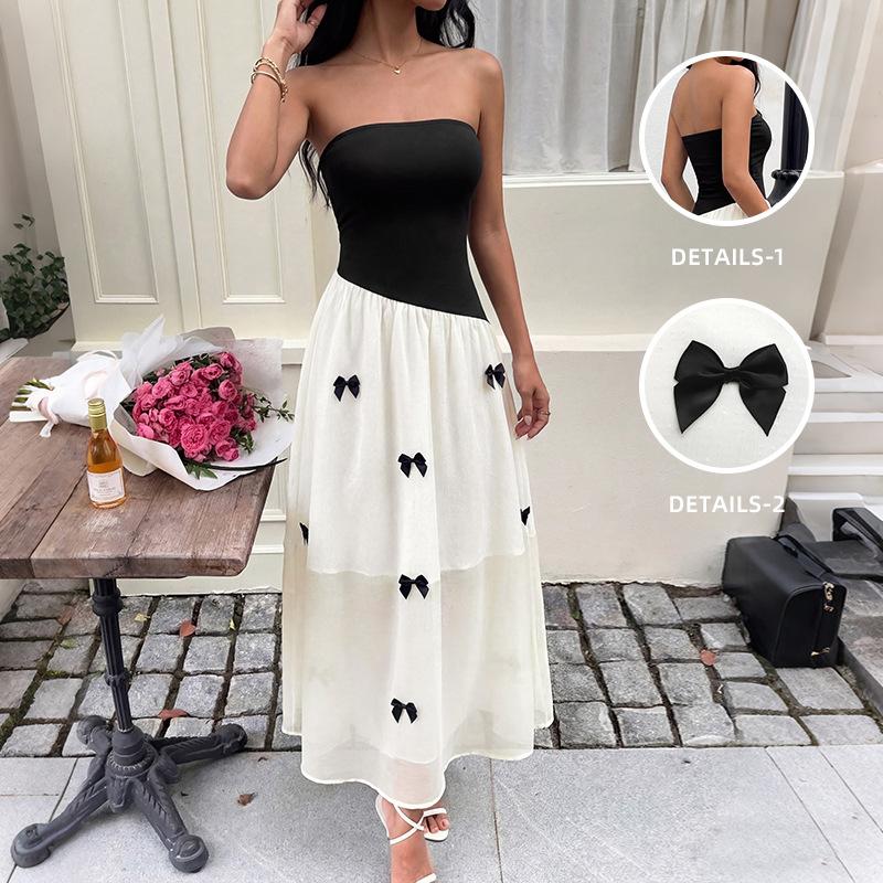 

Women Strapless A Line Midi Dress Solid Color Casual Slim Sleeveless Elegant Vintage Summer Fashion Cocktail Party Gown Robe S