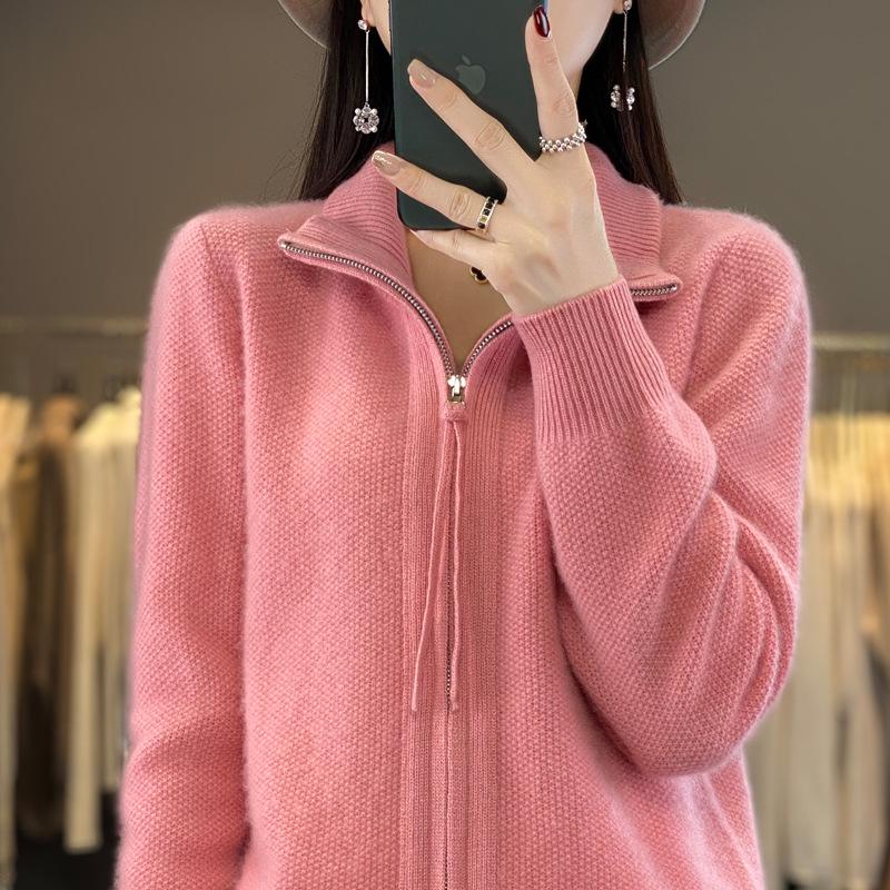 Women's Wool Double Zipper High Collar Cardigan - Long Sleeve, Loose Fit, Solid Color.