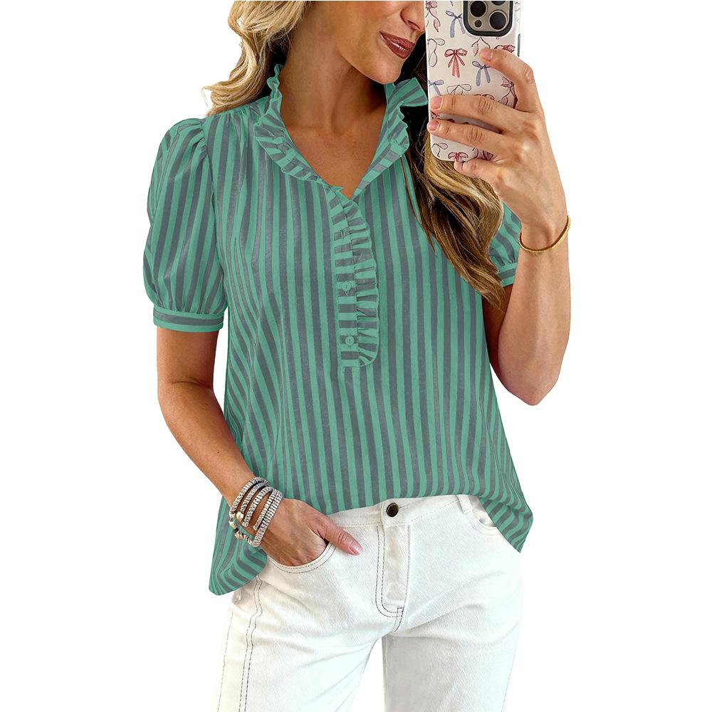 Summer New Casual Button Puffed Sleeve Commuter Striped Shirt