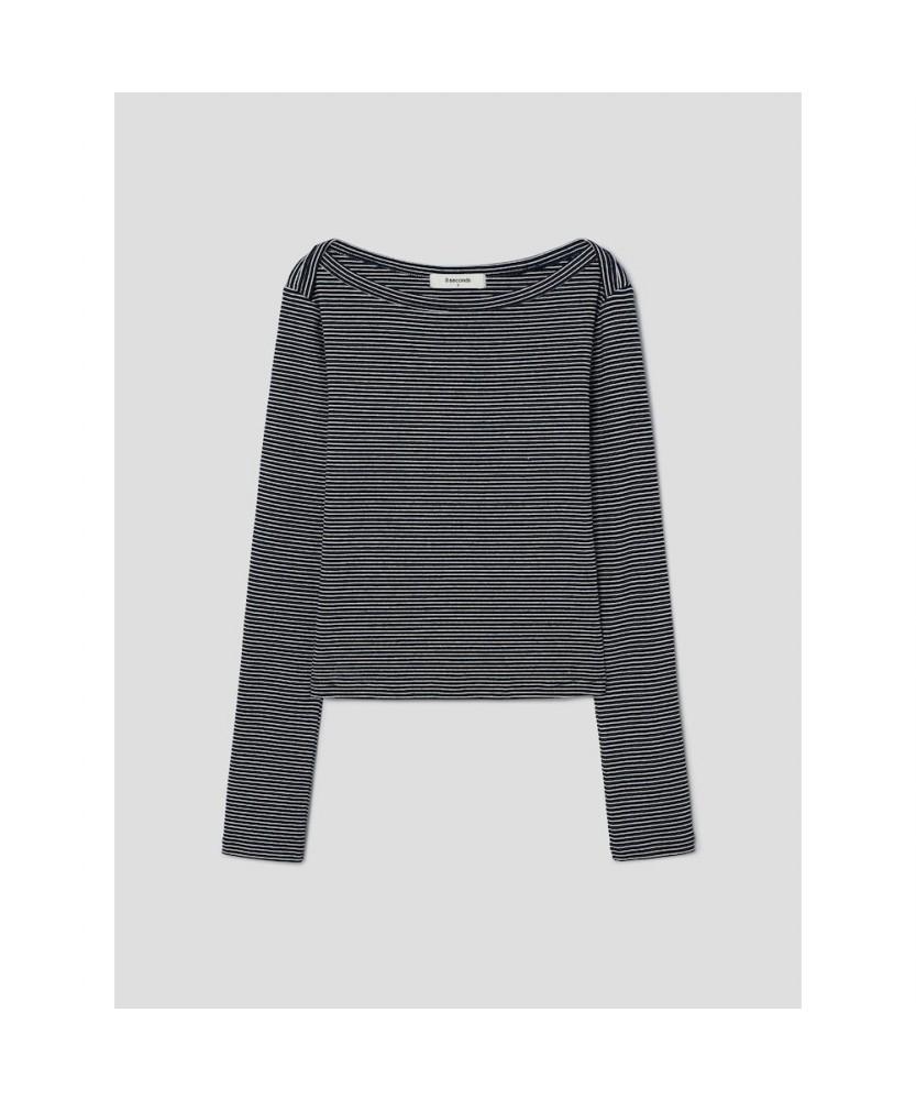 8 Seconds Striped Boat Neck Jersey Top Navy
