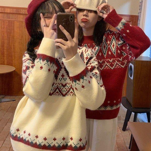 Pull de Noël rouge style coréen pour femmes - Ample, pull rétro à col rond, tricoté pour l'automne et l'hiver