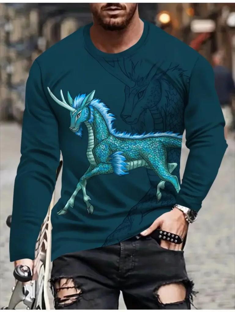 Samurai Cat Warrior Print Long Sleeve T-shirt, Stylish Casual Men's Top
