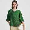 100% Mulberry Silk] Spring/Summer Round Neck Retro Printed Chinese Style Pan Buckle Loose Western Style Silk Shirt for Women