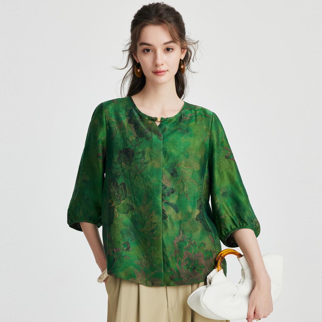 100% Mulberry Silk] Spring/Summer Round Neck Retro Printed Chinese Style Pan Buckle Loose Western Style Silk Shirt for Women