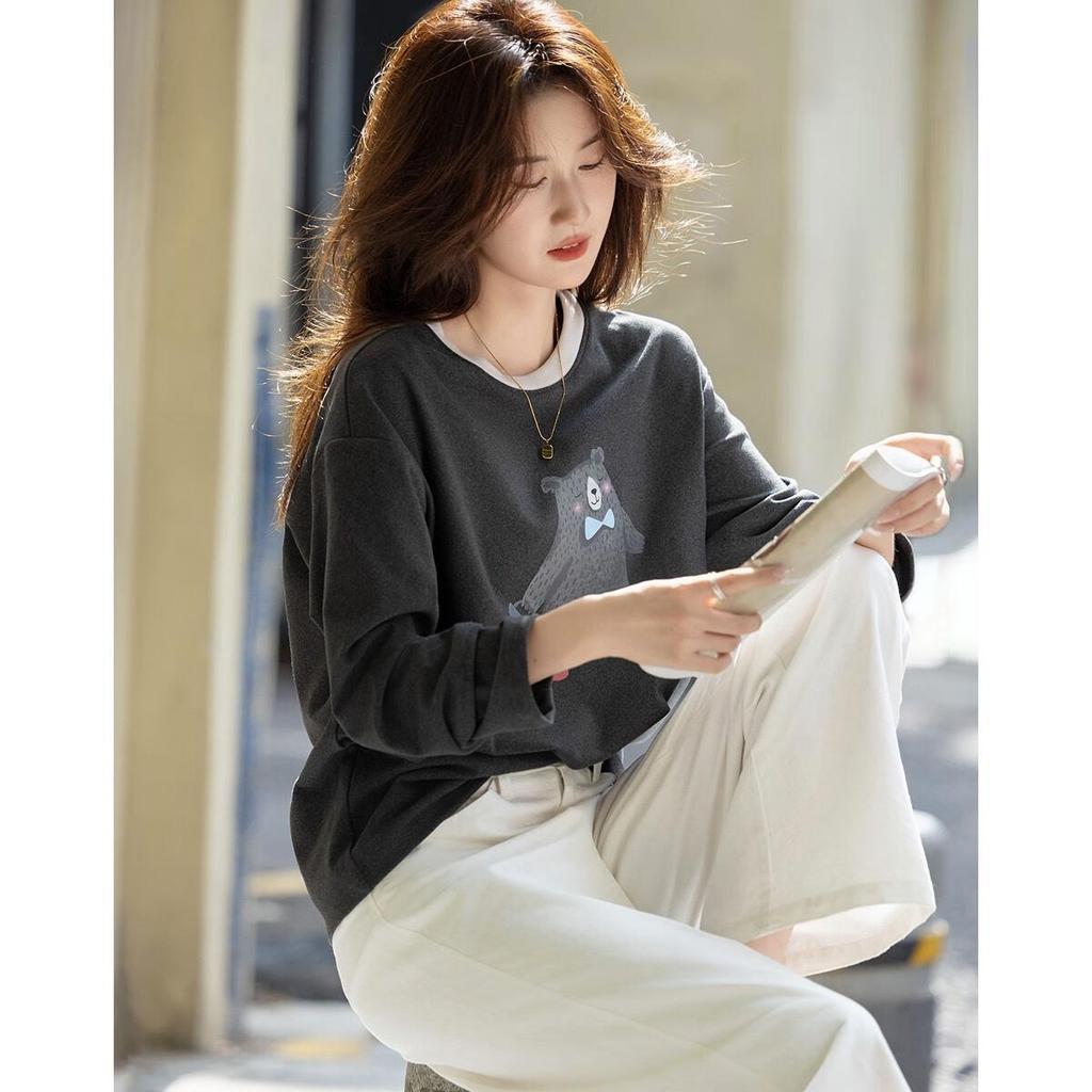 Demana 280G Thermal Velvet Warm Winter Korean Style Colorblock Crewneck Bear Print Petite Women's T-Shirt