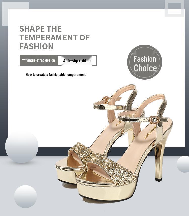2021 New Fashion Waterproof Platform Sequin Strap High Heels - Women's Wedding & Banquet Sandals