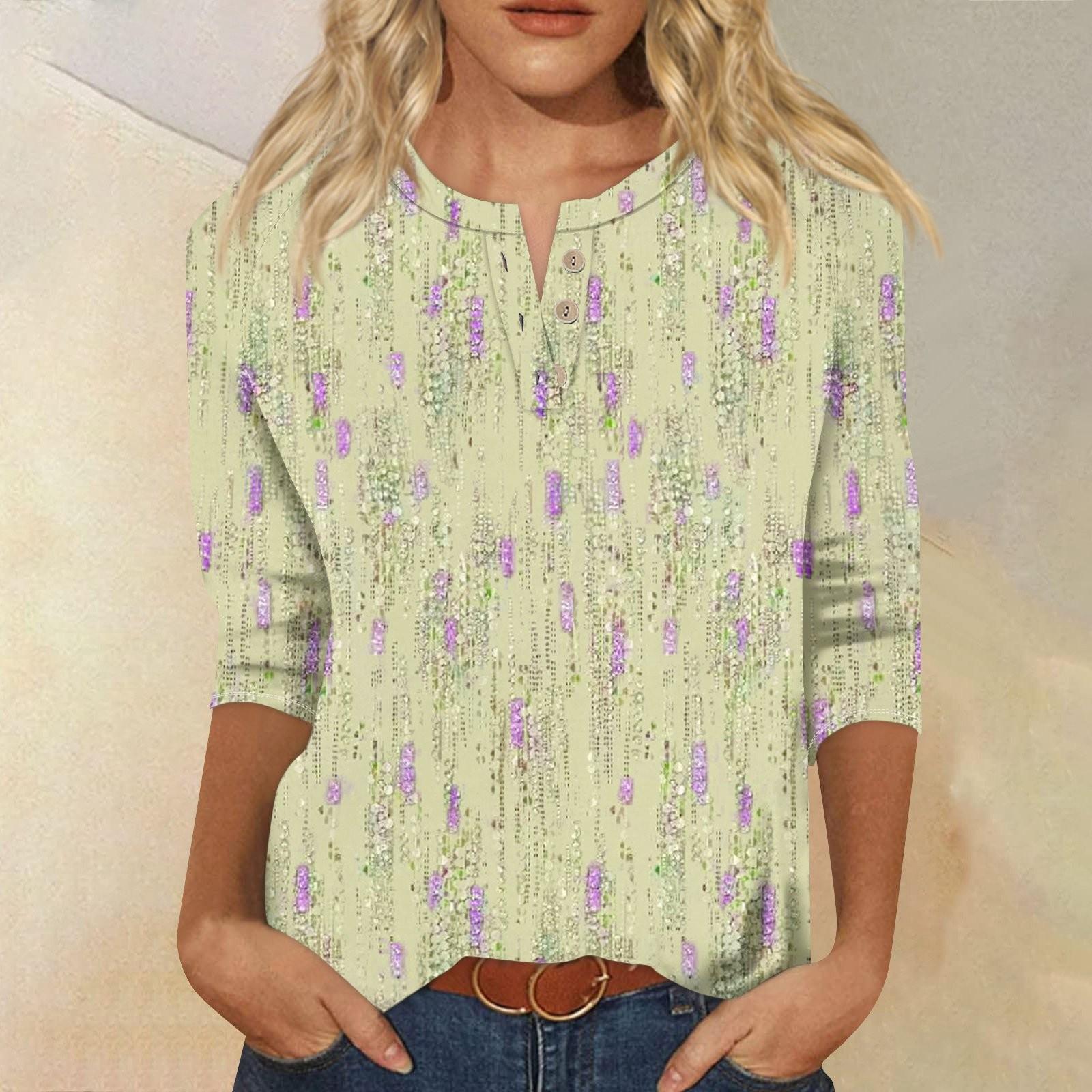 

Женская модная футболка, повседневная футболка с v-образным вырезом и пуговицами до плеч, рукав семь четвертей, топ XL