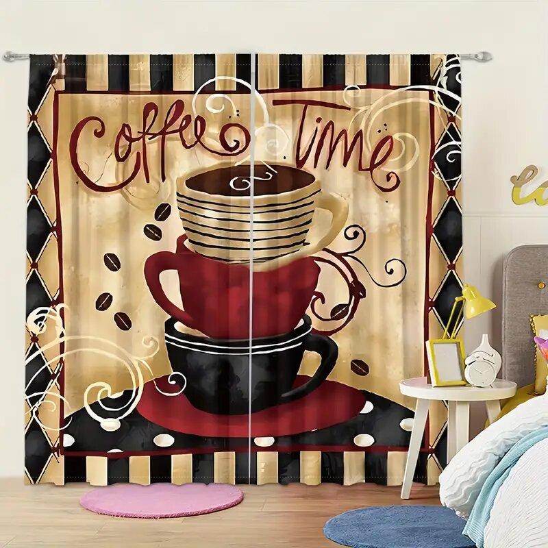Set Of 2 Colorful Coffee Geometric Pattern Printed Curtains Window Decorations Home Room Curtain Polyester