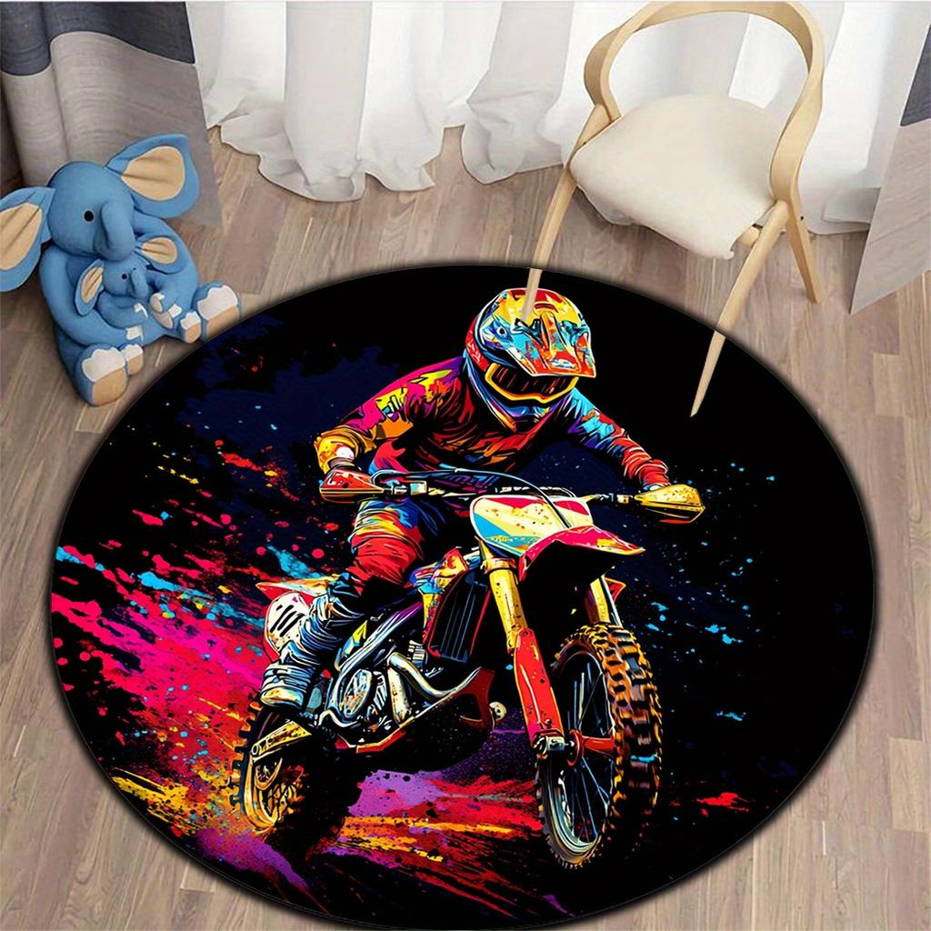 1pc Colorful Motorcycle Rider Pattern Round Rug, Non-slip Floor Mat for Living Room, Bedroom, Bathroom, Holiday Home Decoration