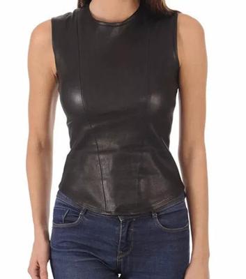 Party Wear Handmade Lambskin Leather Black Stylish Casual Sleeveless Top Women