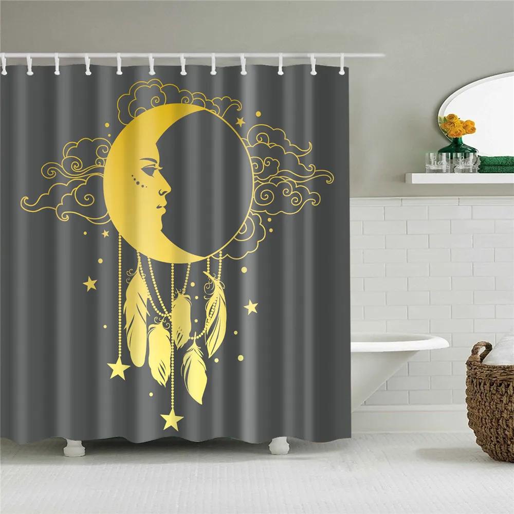 Waterproof Conch Starfish Blue Sea Beach Printing Bathroom Shower Curtains English Letter Bath Screen Door Curtain With Hooks