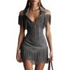 Women's Blue-Green Off-Shoulder Fringe Dress with Front Zipper