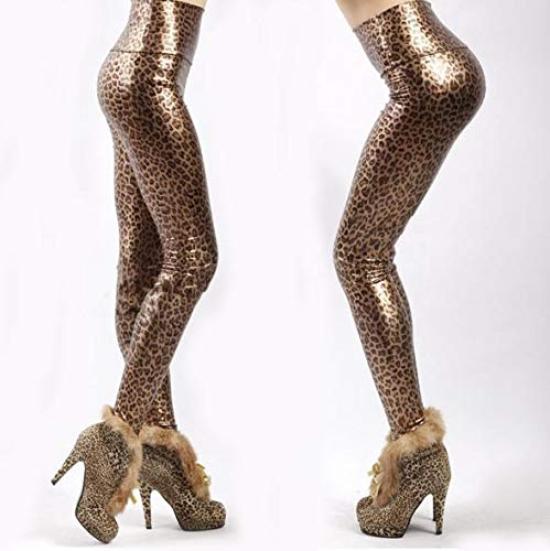 Sarah Rose Leopard Print Skinny Long Fit Faux Leather Shiny Leopard Animal Cropped Bottoms Leggings, Pants, Look, Print, Stretch, Length, Women's